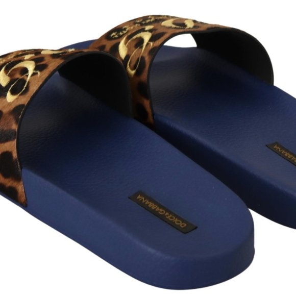 DOLCE & GABBANA Blue Brown Leopard Logo Rubber Slides Slippers Shoes